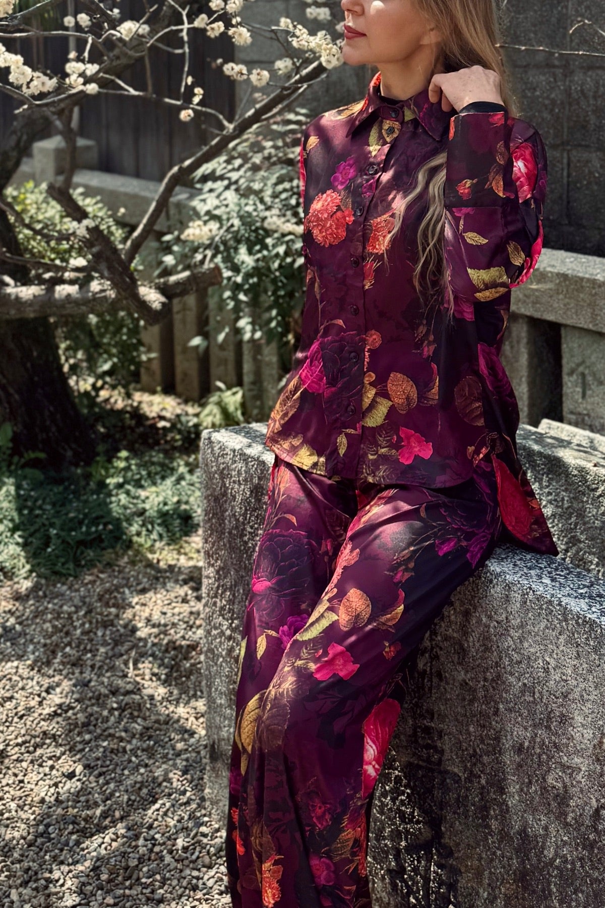 Nostalgic Bloom Wide-Leg Satin Trousers