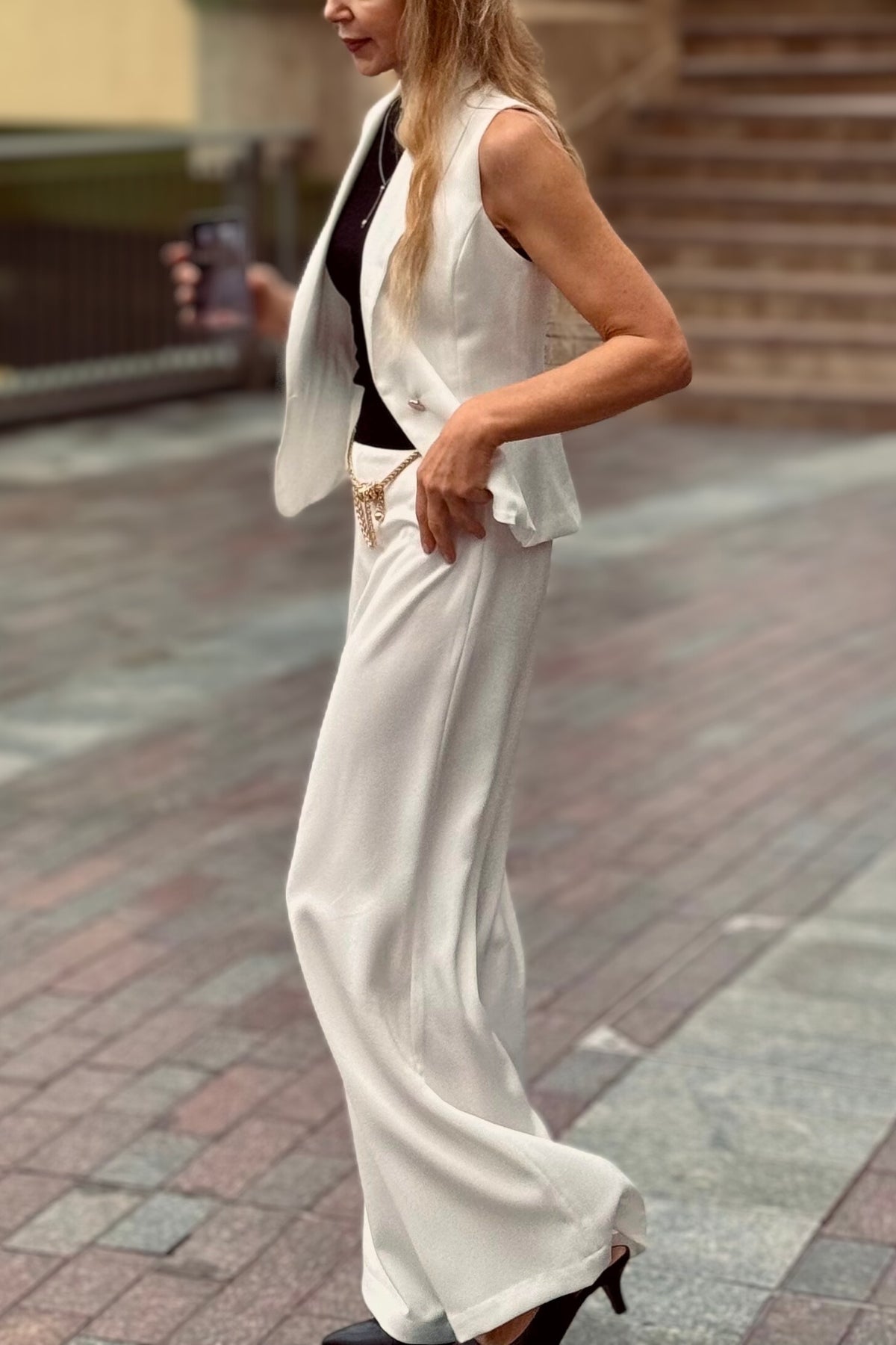 Marco Crepe White High Waisted Trousers