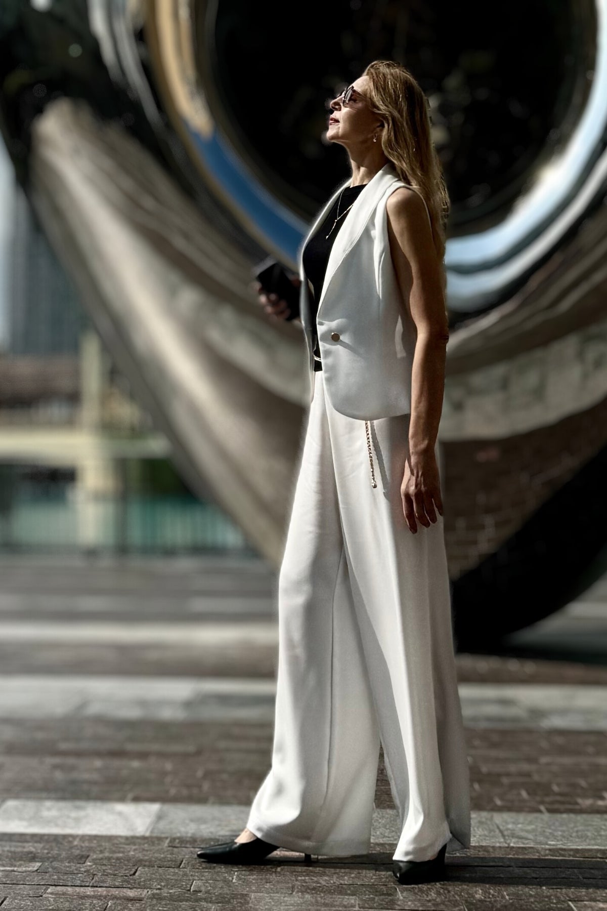 Marco Crepe White High Waisted Trousers