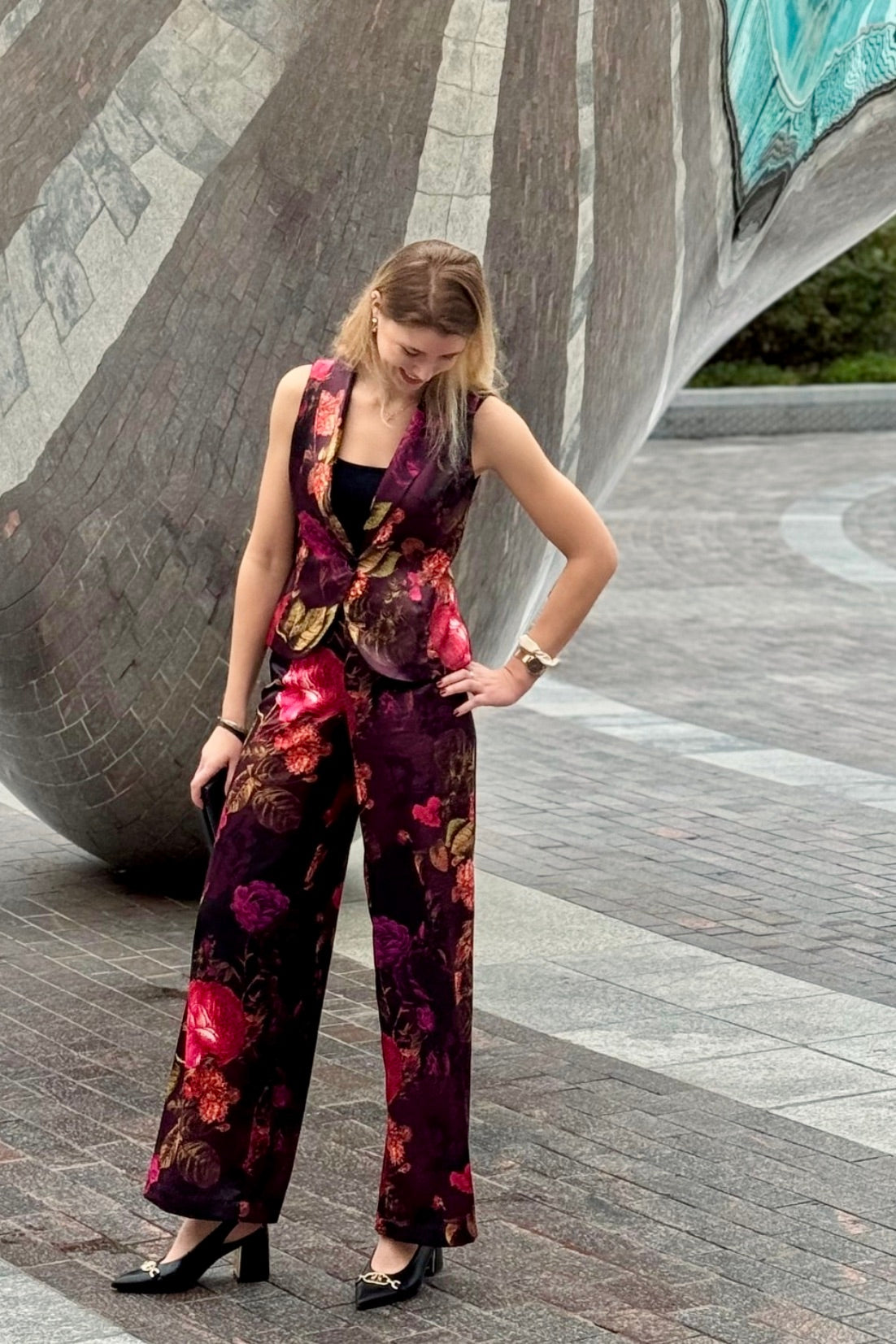 Nostalgic Bloom Wide-Leg Satin Trousers