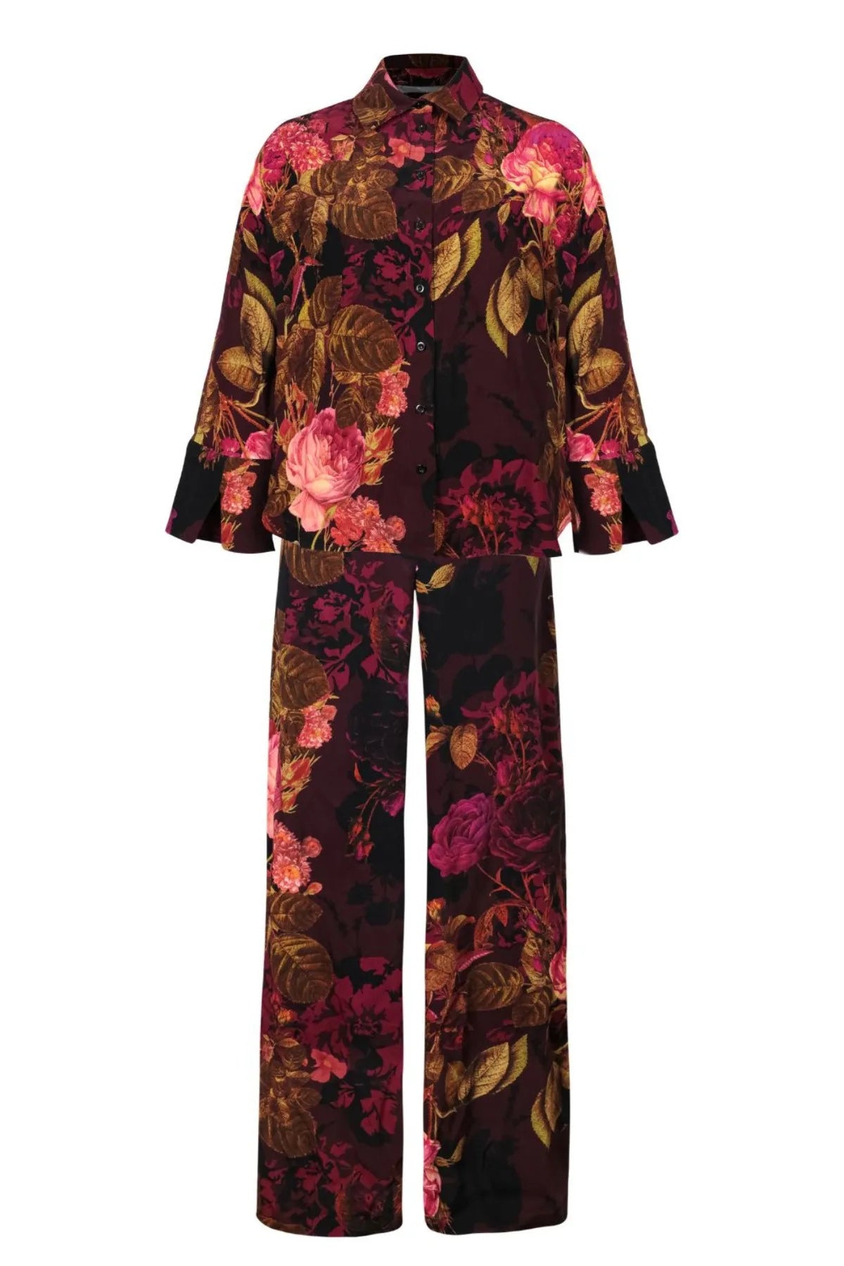 Nostalgic Bloom Wide-Leg Floral Crepe Cotton Trousers