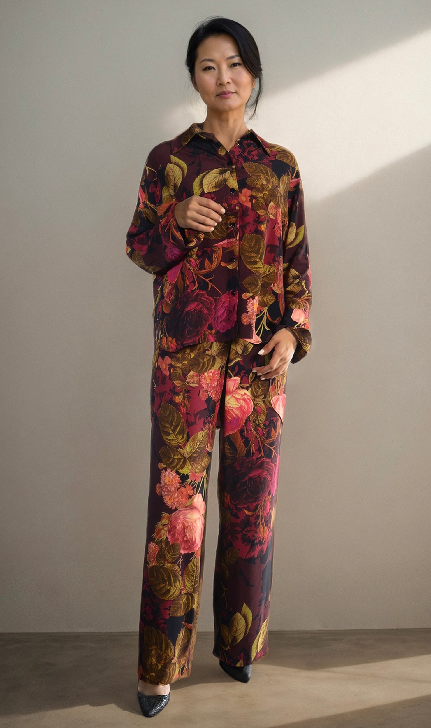 Nostalgic Bloom Wide-Leg Floral Crepe Cotton Trousers