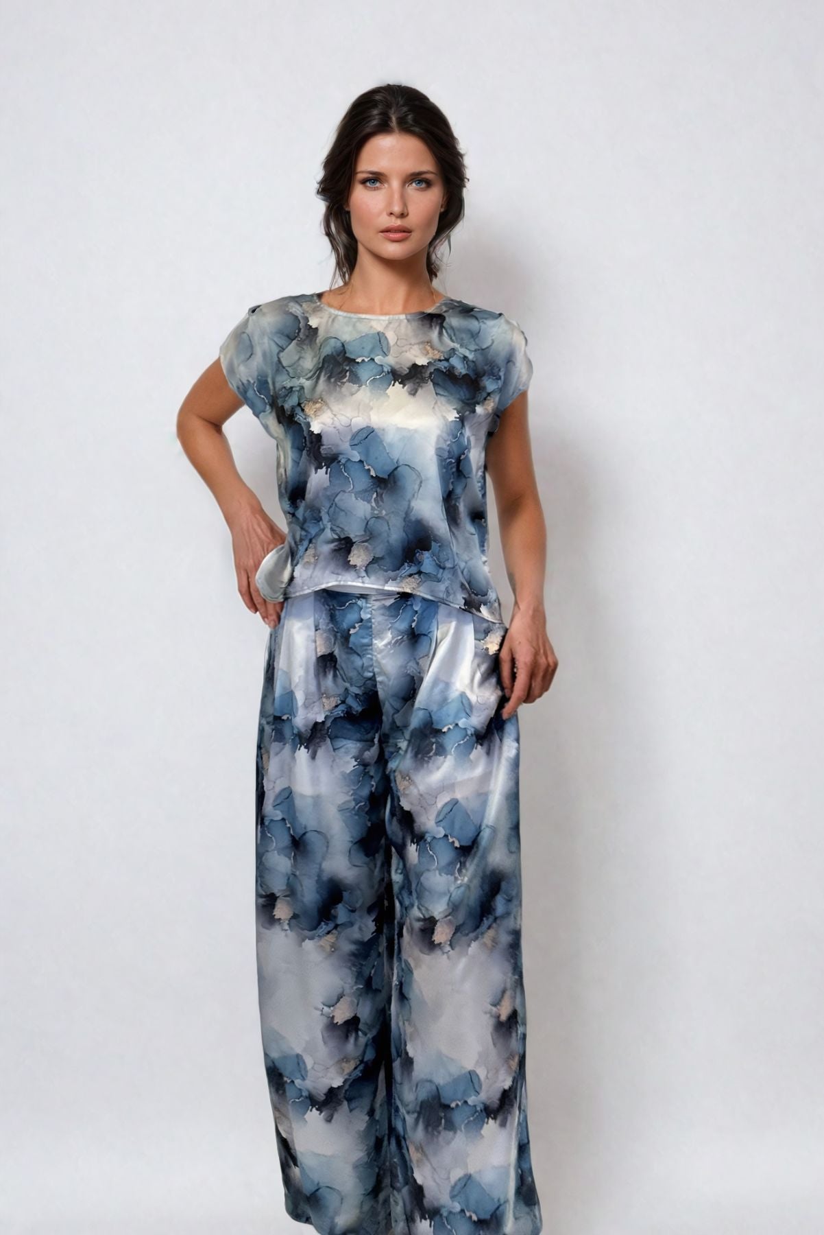 Golden Blue Floral Satin Blouse