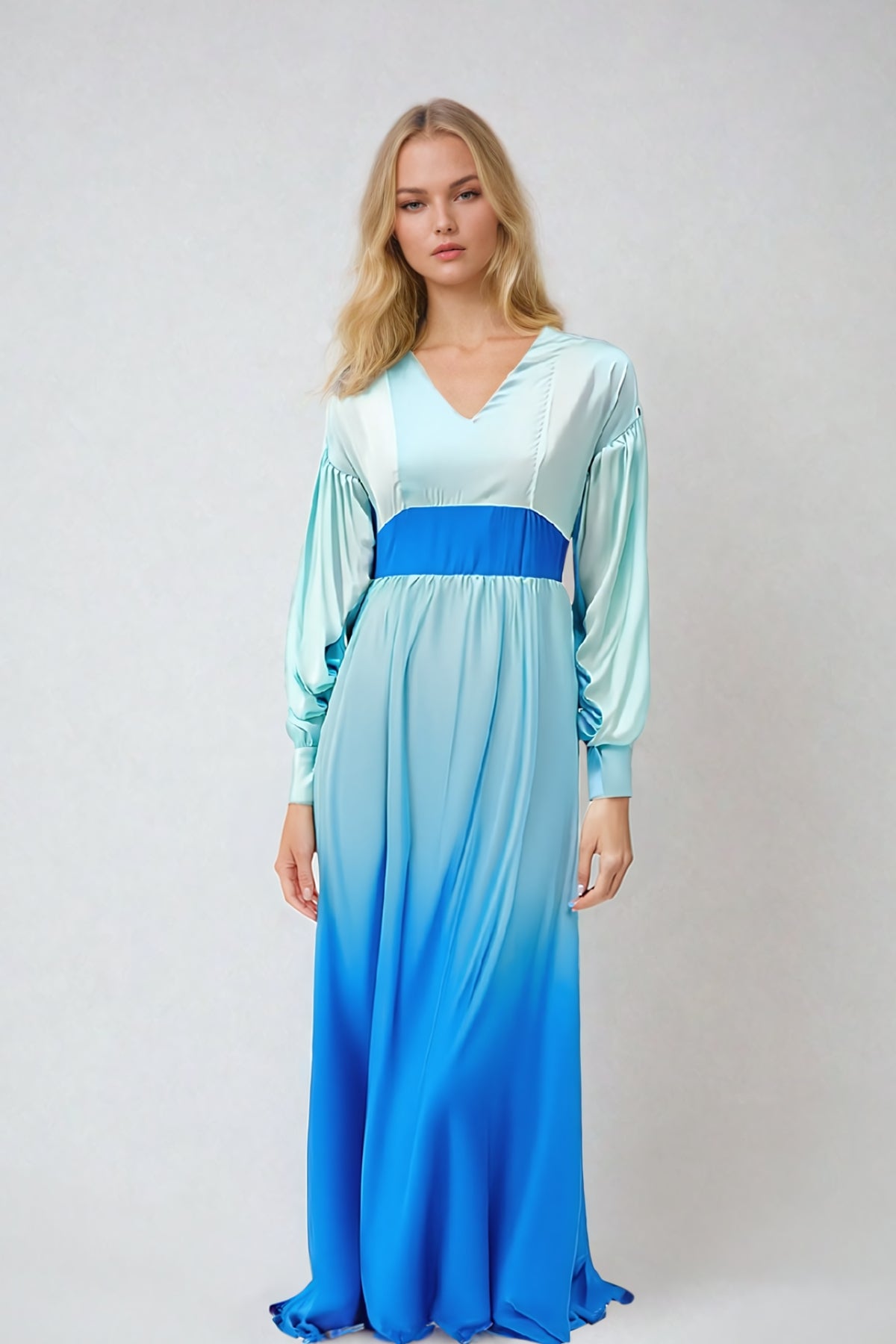 Azure Blue Maxi Satin Dress Seven Muses