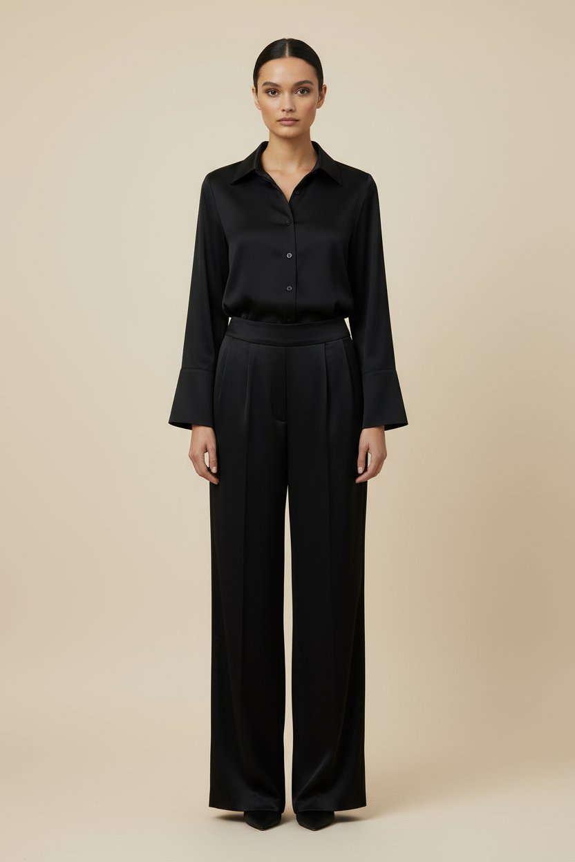 Noir Satin Wide-Leg Trousers