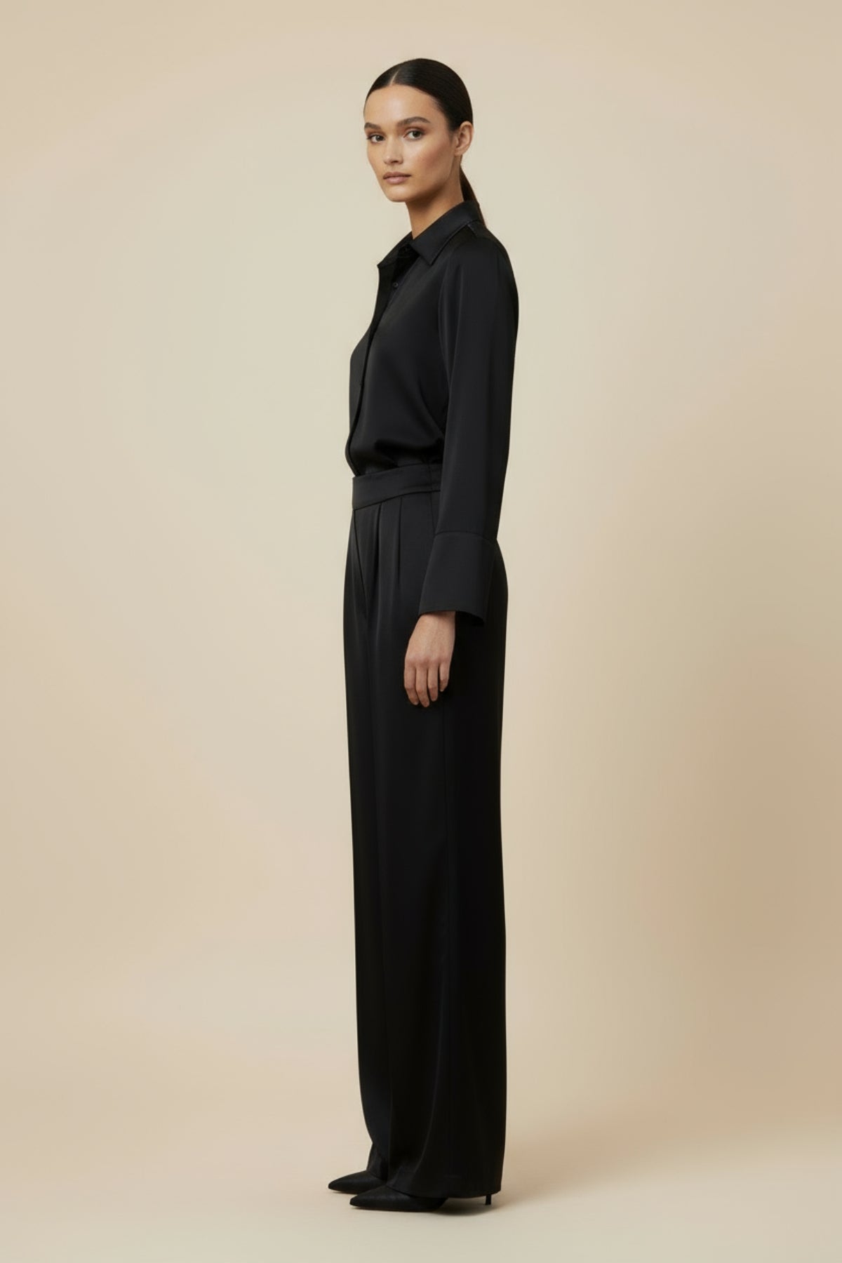 Noir Satin Wide-Leg Trousers